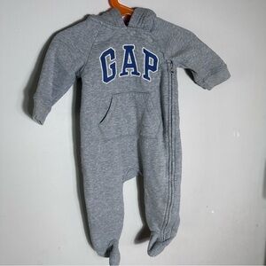 GAP Grey Hooded Baby Footed One-Piece with Blue Logo